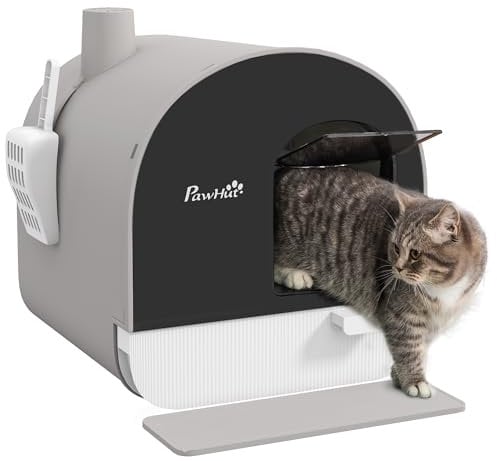 PawHut Cat Litter Tray, Hooded Cat Litter Box with Mat,Scoop,Filter, Flap Door, 43 x 44 x 47cm - Light Grey