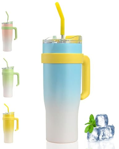 42oz Thermobecher mit Strohhalm und Henkel, 1250ml Kaffeebecher, Doppelwandiger Edelstahl Isolierbecher mit Transparenter Deckel, Tumbler Cup Tragbare Autobecher für Kalte Heiße Getränke Thermo Becher