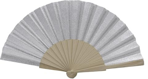 MAPIMANIA - Wooden Folding Fan in Silver Glitter Fabric, Personalized Wedding Fans, Durable Japanese Fan, Ceremony Gadget
