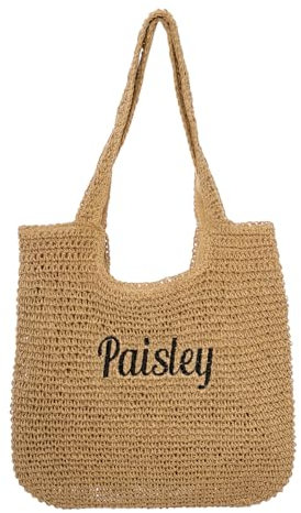 YYAZXSIQ Sac de plage personnalisé en paille pour femme, grand sac fourre-tout pour femme avec nom brodé, sac à bandoulière léger et pliable, sac à bandoulière d'été pour les vacances, les voyages,