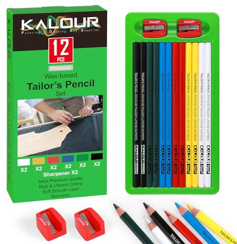 KALOUR PDAS Set di 12 matite da sarto, matite e pennarelli per tessuti per quilting, cucito, sartoria, idrosolubili, 6 colori, include 2 temperini