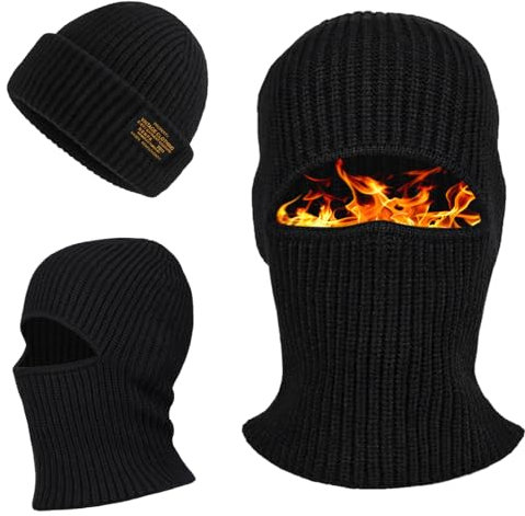 LINSOCLE 2 Stück Sturmhaubenmützen, Multifunktional Warme Balaclava, Wintersturmhaube Beanie Mütze Skimaske, Gestrickte Skimaske für Männer und Frauen in Schwarz, Mütze mit Einer Maske mit Loch
