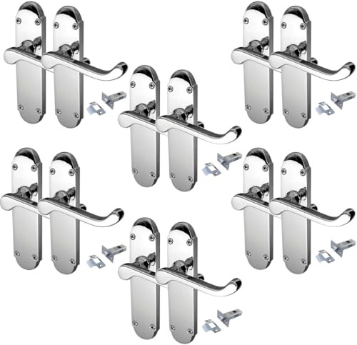 Epsom Door Handle Polished Chrome Scroll Door Handle Set - Victorian Style Internal and External Lever Door Handles with Backplate 170mm x 42mm (6 Pair of Handles + Tubular Latch)