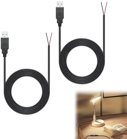Rakiuty 2 Piezas Cable flexible USB de 2M, Cable USB 2,0 de 2 Cables, Extremo Abierto de Cable Desnudo de 2 Pines, Cable USB Macho de 2 Metros, Cable de Alimentación con Enchufe USB de 5V 2A