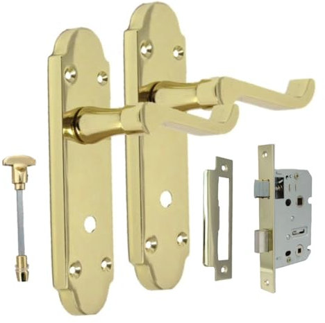 Epsom Door Handle - Brass Internal Door Handles - Door Handles Internal Sets Including Bathroom Sash Lock, Brass Door Handle Set for Internal Doors, Door Handle in Electro Brass, 170mm x 42mm