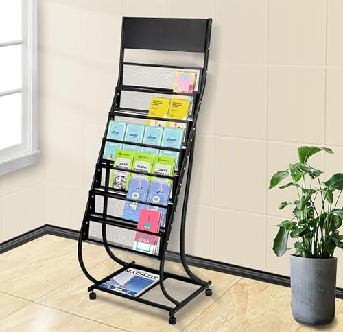 KHLMSRXJ Newspaper rack Large Magazine Rack, Movable Brochure Display With Wheels, Waiting Room/Hotel Lobby/Exhibition Brochure Organiser (Colour: Black) Bookstand (Color : Schwarz)