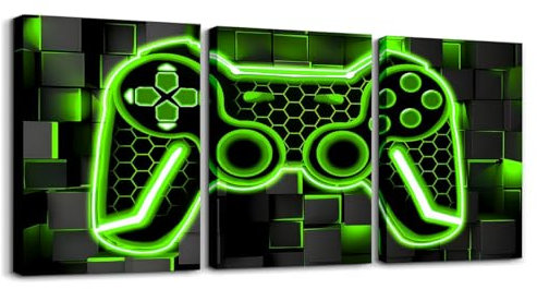 Loussiesd Gamer 3er Poster Set Gaming Badezimmer Leinwandbilder für Home Dekor für Beleuchtung Honeycomb Game Controller Büro Wandbilder Grün und Schwarz Geometrische Deko Bilder