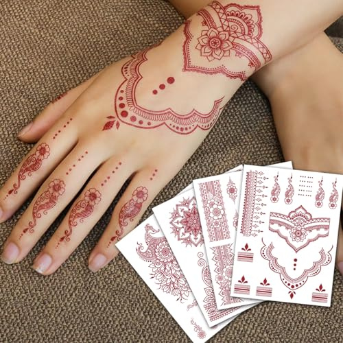 CHARLENT 12 Sheets Henna Tattoos for Women - Waterproof Brown Henna Tattoo Stickers for Women Wedding Party Peacock Lotus Stickers Body Art