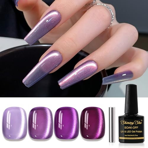 Shining She Gel Nail Polish Magnetic, 4 Colours Grey Purple Dark Grape Purple Cat's Eye Gel Nail Polish with Magnet Soak-Off UV/LED Jelly Glass Crytal Gel Nail Polish for Nail Art Salon DIY Home, 8 ML