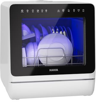 HAVA 2025 NEUE Tischgeschirrspüler mit Wasserenthärter und erhöhter Energieeffizienz, Spülmaschine mit 8 Programmen, Kindersicherung & verzögerter Start, keine Installation erforderlich