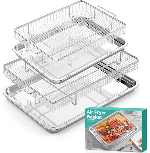OPENICE – Lot de 2 paniers de friteuse à air comprimé pour four, avec plateau, poêles à frire à air comprimé en acier inoxydable et plateau à friteuse pour four avec option de friture à air, 39 x 28