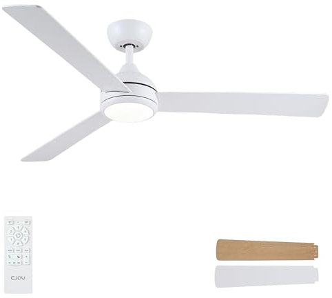 CJOY Deckenventilator mit Fernbedienung,132cm Weiß/Holz Deckenventilator mit Beleuchtung Leise Umschaltbar, Dimmbar, Speicher 3CCT, Ruhemodus, Timer, Deckenventilatoren für Schlafzimmer, Wohnzimmer