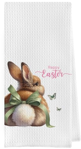 Geqtt Osterhasen-Geschirrtücher – grüne Kokette Ostern dekorative Waffelgewebe Küchentücher, lustige Hasen-Butt-Handtücher, Ostergeschenke, Frohe Ostern (40,6 x 61 cm)