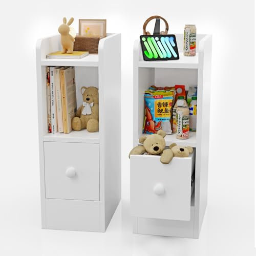CHOWGOLI Nachttisch Schmal 2er Set, Nachttisch Klein für Schlafzimmer, Wohnzimmer, Beistelltisch mit Schublade, Schmaler Nachttisch 20 cm Breit 60 cm Hoch, Nachtschrank Weiß, 20x35x60 cm