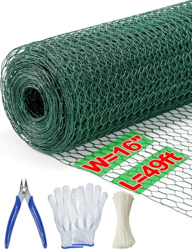 TOYPOPOR Chicken Wire,40cm x 15m Mesh Roll for Floral Arrangements, Green Anti-Rust PVC Coated Garden Netting, Rabbit Animal Fence with Cutting Plier, Gloves and Ties for DYI Crafts, Poultry, Garden