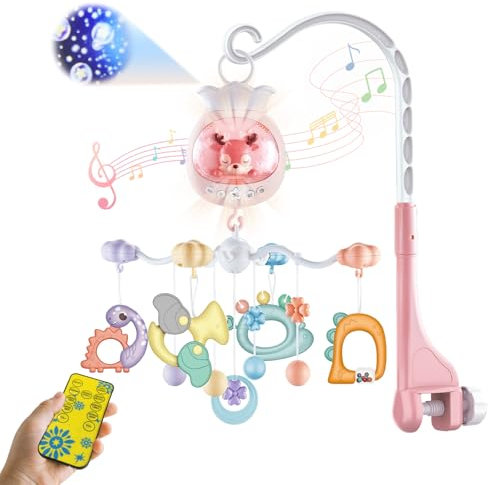 KalaDuck Carrusel Cuna Bebe Luz y Musica, Móvil Cuna Bebe Giratorio con Proyección, Temporizador y Sonajero Juguetes, Movil para Cuna Niños Niñas 0-12 Meses (Rosa)