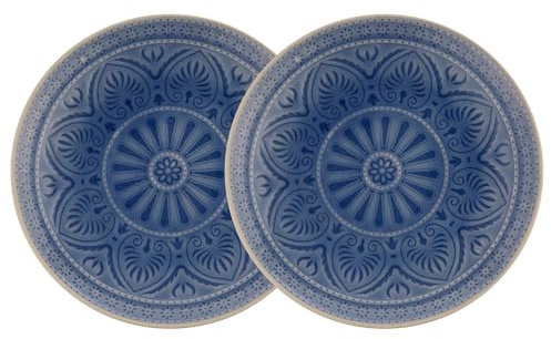 BUTLERS 2er Set Essteller Steinzeug - SUMATRA - Spülmaschinenfest | Farbe Blau - ø 25 cm - Speiseteller für Hauptgerichte & Beilagen - Servierteller für Snacks & Vorspeisen - Reliefdekor