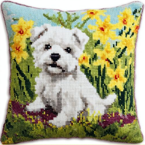 Kreuzstich Stickpackungen Kissen Front Zum Selbersticken Westie In Narzissen 45X45Cm Stickbild Auf 100% Baumwoll Stoff Und Stickgarn, Stickvorlagen Kreuzstichkissen Zum Überwurf-Kissenbezug,