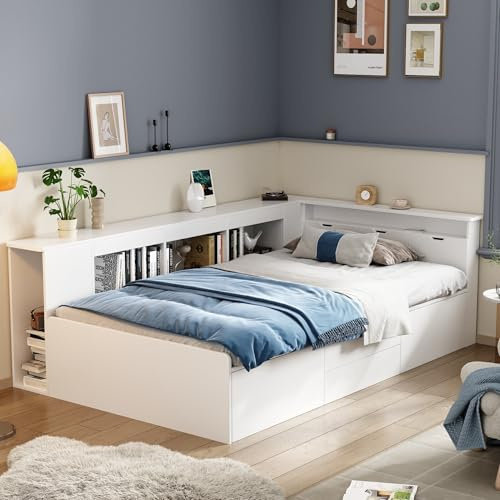 Merax Kinderbett 90x200 cm mit Stauraum, Einzelbett Funktionsbett Jugendbett mit Schubladen, Stauschrank, Bücherregal, Bettkasten mit Stauraum, Ohne Matratze, Weiß/213x117.5x67cm
