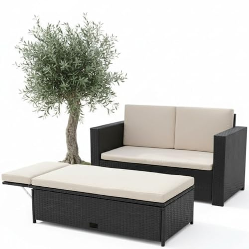 Mucola Polyrattan Sitzgruppe Gartenmöbel Set mit Tisch und Stauraum Schwarz | Lounge Sofa mit klappbarer Fußbank, abnehmbare Bezüge, UV-beständig und wetterfest, handgeflochten, stabiler Metallrahmen