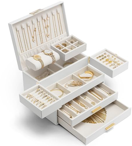 VLANDO Jewellery Box, 3 Tier Jewellery Organiser with Pull-Out Trays | Large capacity, Separate sections, Necklace holders, Stud earring area, Easy access, Gift for her, Dressing table,White