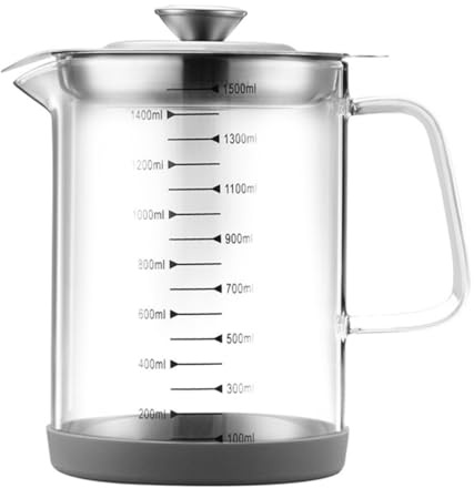 WESIEVYA Recipiente de Vidrio para Aceite 1,5l Filtro Incorporado y Tapa, Botella Medidora Transparente para Almacenamiento y Colador de Aceite en Cocina Doméstica