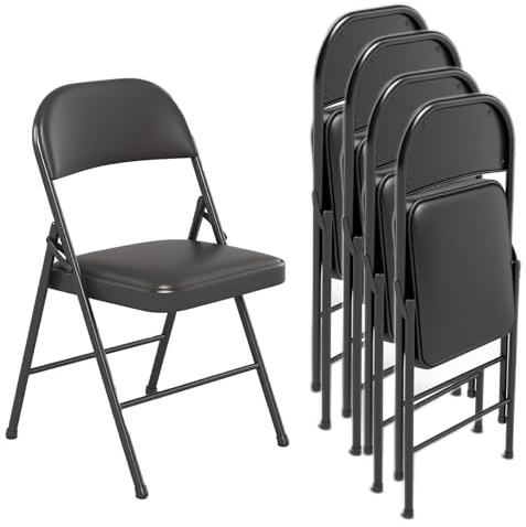 EcoBend Klappstuhl 4er Set mit PU-Leder & Polsterung, Stabiler Metallrahmen, Leicht & Platzsparend, für Büro, Zuhause, Events(4, schwarz)