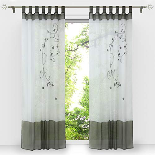 HongYa 1er-Pack Bestickte Gardine Transparenter Voile Vorhang Schlaufenschal H/B 145/140 cm Grau