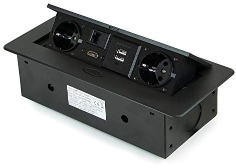 Emuca - Regletas enchufe, Regleta multienchufe retráctil para empotrar en la mesa, base de enchufes multiconector (enchufe EU tipo F, USB, RJ45 y HDMI), 265x120mm, negro