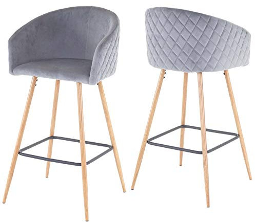 Mendler 2er-Set Barhocker HWC-D72, Barstuhl Tresenhocker Küchenhocker mit Lehne, Metall Holzoptik - Samt, grau