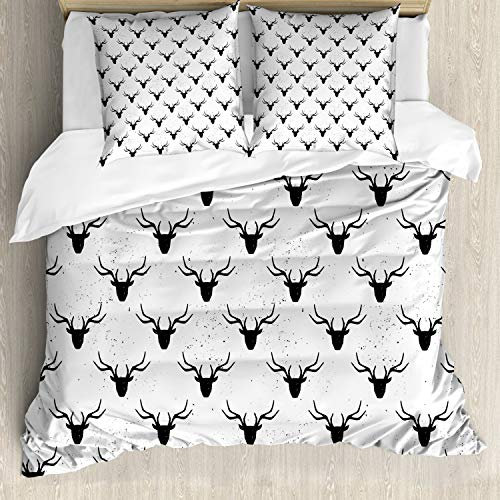 ABAKUHAUS Hirsch Bettwäsche Set für Doppelbetten, Tierkopf Silhouetten, Weicher Microfaserstoff Allegigeignet kein Verblassen, Schwarz-Weiss