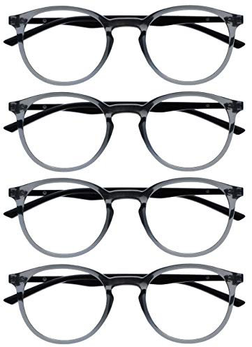 OPULIZE Met Lesebrille 4er Pack Schlank Runder Rahmen Federscharniere Kratzfest Transparent Grau Schwarze Bügel Herren Damen RRRR60-7 +1.00