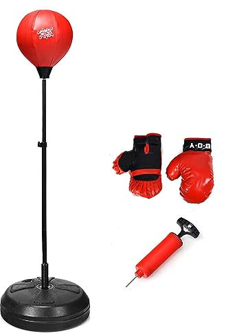 DREAMADE Boxsack Kinder mit Ständer, inkl. Boxhandschuhe & Handpumpe, Standboxsack Punchingball, Höhenverstellbar Boxsack Stehend für Kinder ab 8 Jahren (Schwarz+Rot)