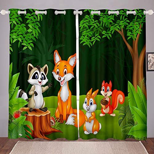 Kinder Vorhänge Karikatur Fuchs Kaninchenbier Fenstervorhang 137x117cm für Kinder Jungen Mädchen Wald Wald Niedliches Tier Blickdichte Vorhänge Tropenwald