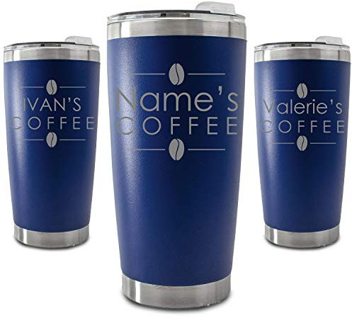 Personalised Engraved 500ml Dark Blue Travel Cup with Name's Coffee Design, Personalise with Any Name