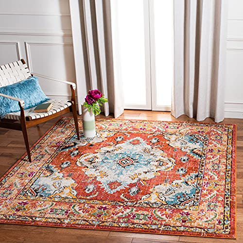 SAFAVIEH Boho Teppich für Wohnzimmer, Esszimmer, Schlafzimmer - Monaco Collection, Kurzer Flor, Orange und Hellblau, 122 X 122 cm