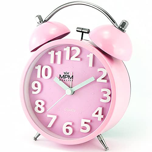 MPM Quality Design Metallwecker in trendigen Pastellfarben, Rosa, 3D-Zifferblatt, Quarz-Uhrwerk Sweep, Lichtfunktion, Analog, Klassisches Klingeln, weckt selbst die größten Schläfer