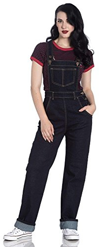 Hell Bunny Elly May Denim Dungarees for Women - Vintage 40s Retro Rockabilly Pinafore Dress with Adustable Cross-Over Starps, Functional Pockets Side Button Fastening Strech Denim Overalls, XS to 6XL