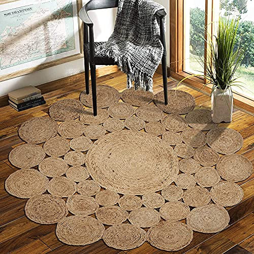 Teppich, rund, natürliche Jute, Kreis-Design, handgefertigt, geflochten, wendbar, 300 x 300 cm
