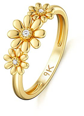 YDD 9 Karat Gold Gänseblümchen Ringe für Damen, Zierlicher Dreifach-Gänseblümchen Blumen Ringe mit Cubic Zirkonia für Mädchen (63)