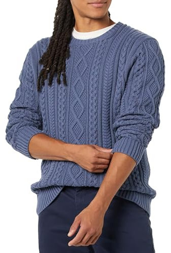 Amazon Essentials Men's Long-Sleeve 100% Cotton Fisherman Cable Crewneck Jumper, Dark Blue, L