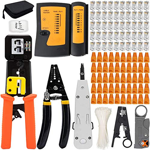 MAYLINEE Alicates de Kit RJ45 Juego de Herramientas de Crimpado de red, Cortador de Crimpado de Pelado de Cables para /Cat5e/Cat6, 8P 6P Kit de Conector Pelacables de 50 Conectores (Azul)