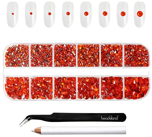 Beadsland 2500pcs Orange Strasssteine, Flatback Gems Runde Kristall Strasssteine zum Basteln Gemischt 8 Größen SS4 ~ SS30 mit Picking Pinzette und Stift (Orange)