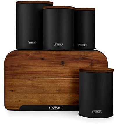 Tower T826140BLK Scandi 5 Piece Acacia Wood Storage Set with Bread Bin, Biscuit Barrel, Canisters, Black
