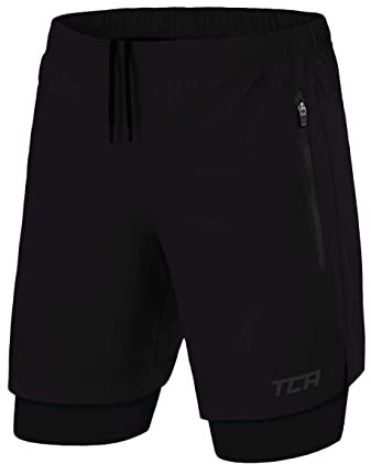 TCA Ultra Laufhose Herren 2 in 1 Kurze Sporthose Trainingsshorts Laufshorts mit integrierter Kompressionshose und Reißverschlussfach - Schwarz (2X reißverschlusstasche), XXL