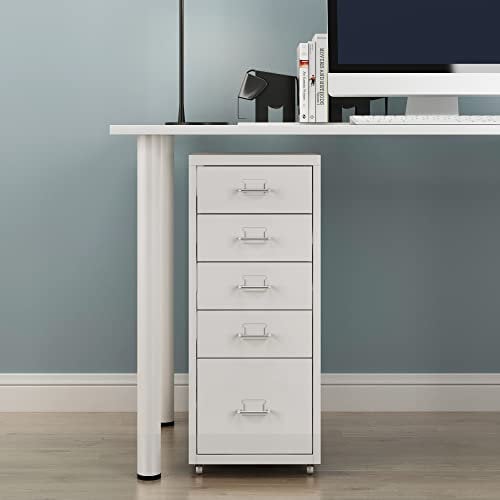 [en.casa] Rollcontainer Kökar Schubladenschrank Metall Aktenschrank mit 5 Schubladen Bürowagen mit Rollen für Arbeitszimmer 69 x 28 x 41 cm Weiß matt