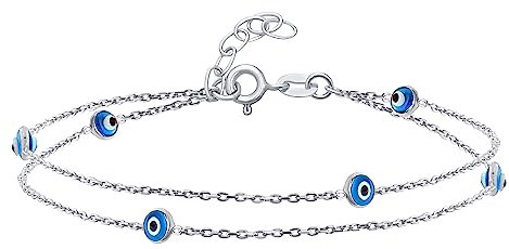 Amulette De Protection Minimaliste Délicate Avec Double Rangée De Mauvais Œil Bleu Aqua, Bracelet De Cheville Pour Femmes Adolescentes Argent Sterling .925 De 8,5 À 9,5 Pouces
