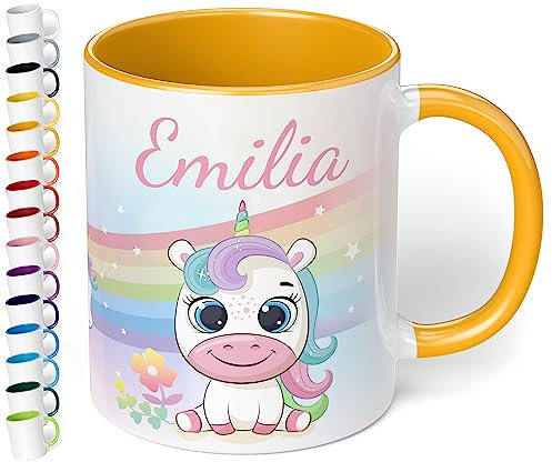 Kinder-Tasse mit Namen „Einhorn mit Regenbogen-Motiv“ – personalisierte Tasse für Jungen und Mädchen - rundum bedruckt – schönes Geschenk zu Weihnachten, Geburtstag (Goldgelb)
