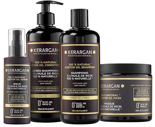 Kerargan - Ensemble Anti-Chute Shampoing, Après-shampoing, Masque & Sérum à l’Huile de Ricin pour Cheveux Fatigués, Secs, Cassants - Favorise la Croissance - Sans Sulfate, Silicone - 3x500ml & 100ml