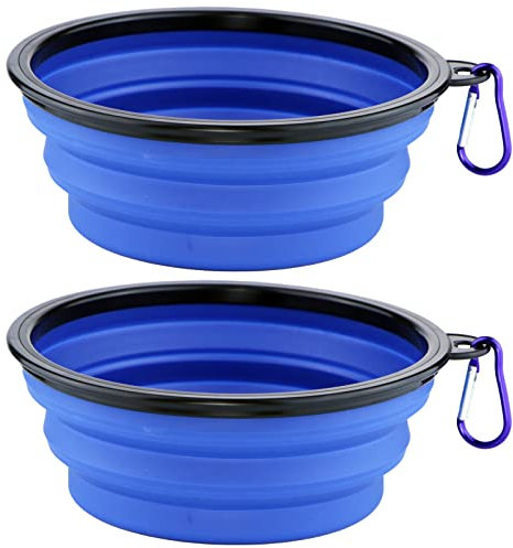 2pcs Collapsible Dog Bowls for Travel 1000ml - Dogs Water Bowl Silicone Food Bowls Foldable Expandable Puppy Dog Cat Pet Bowl with Carabiner (Blue)